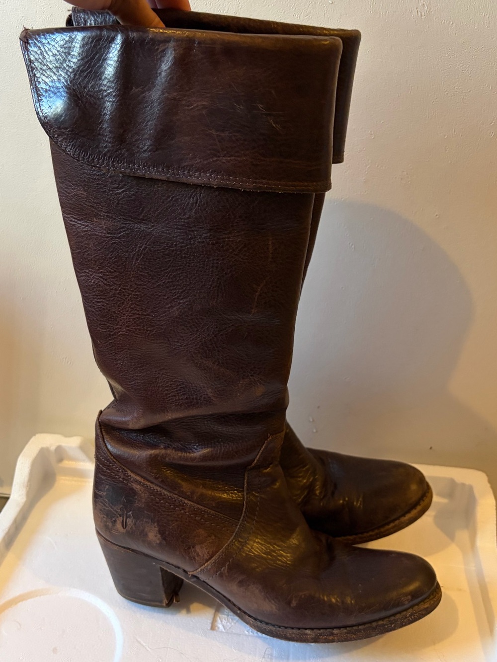 Frye Dark Brown Leather Jane Cuff Mid-Calf Heeled Boots - Picture 4 of 6